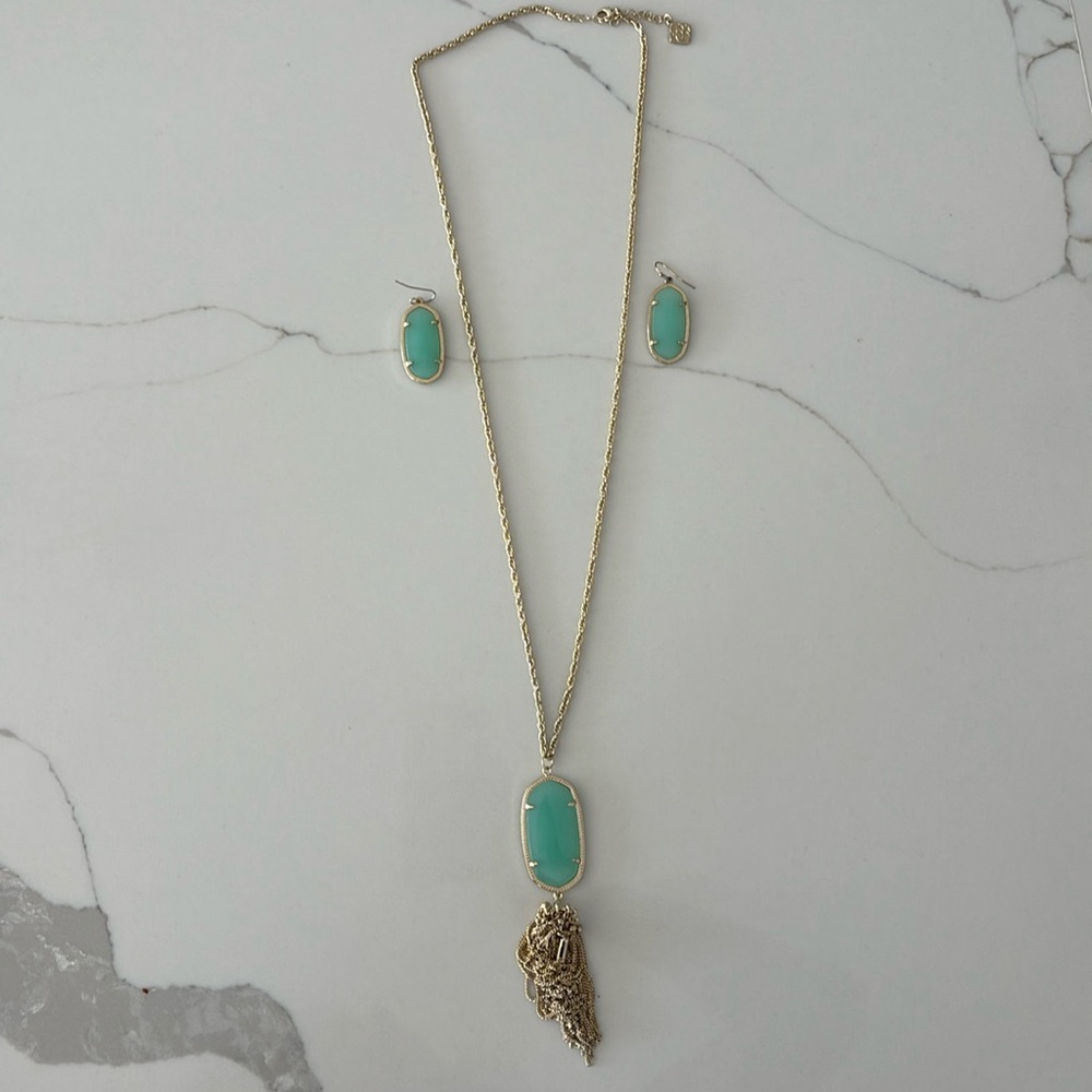 Kendra Scott Long Tassel Necklace and Matching Earrings in Chalcedony Green